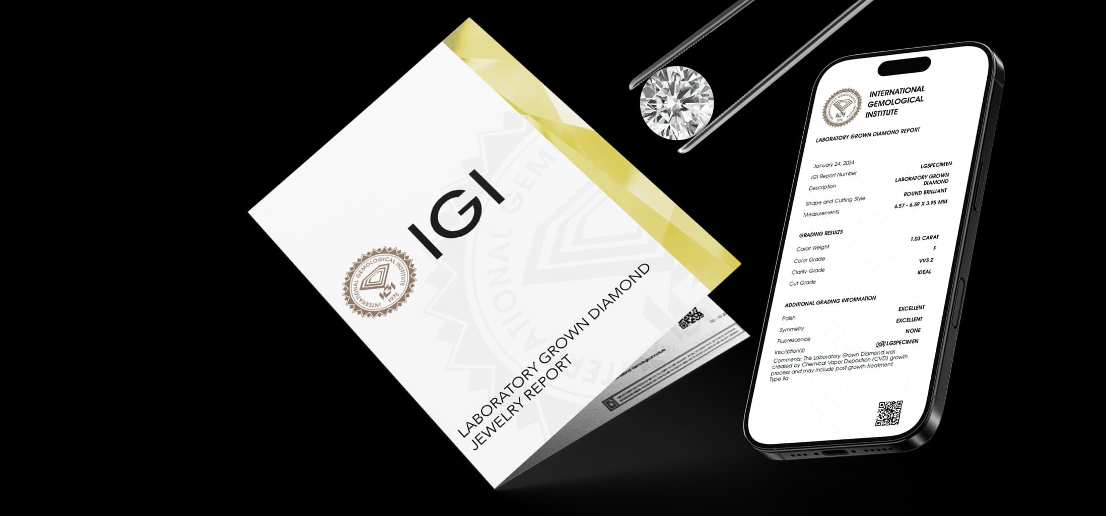 Diamond certification documents, a diamond held by tweezers, and a digital certificate on smartphone
