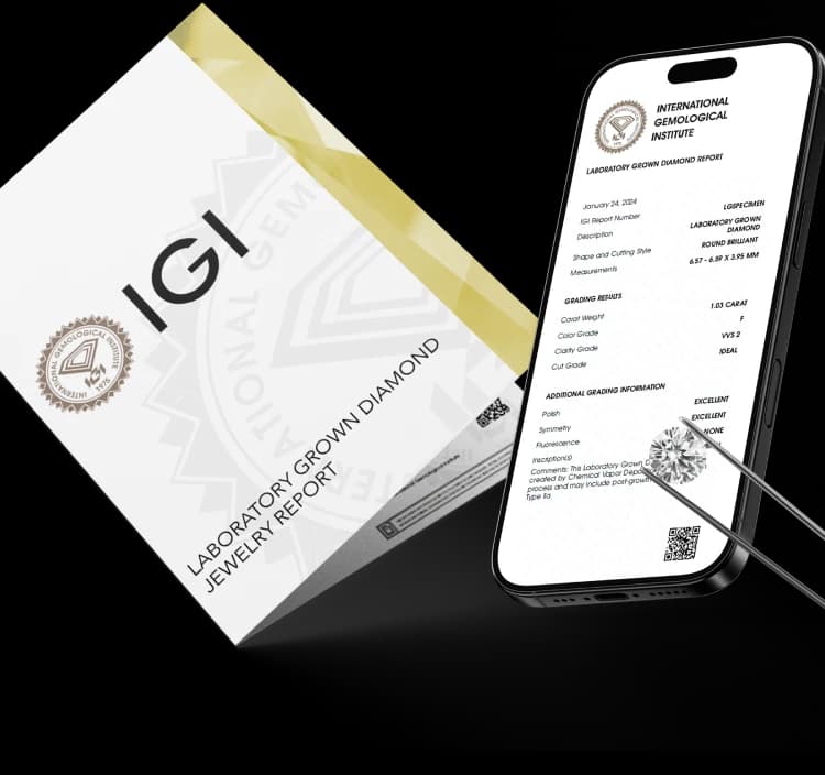 Diamond certification documents, a diamond held by tweezers, and a digital certificate on smartphone